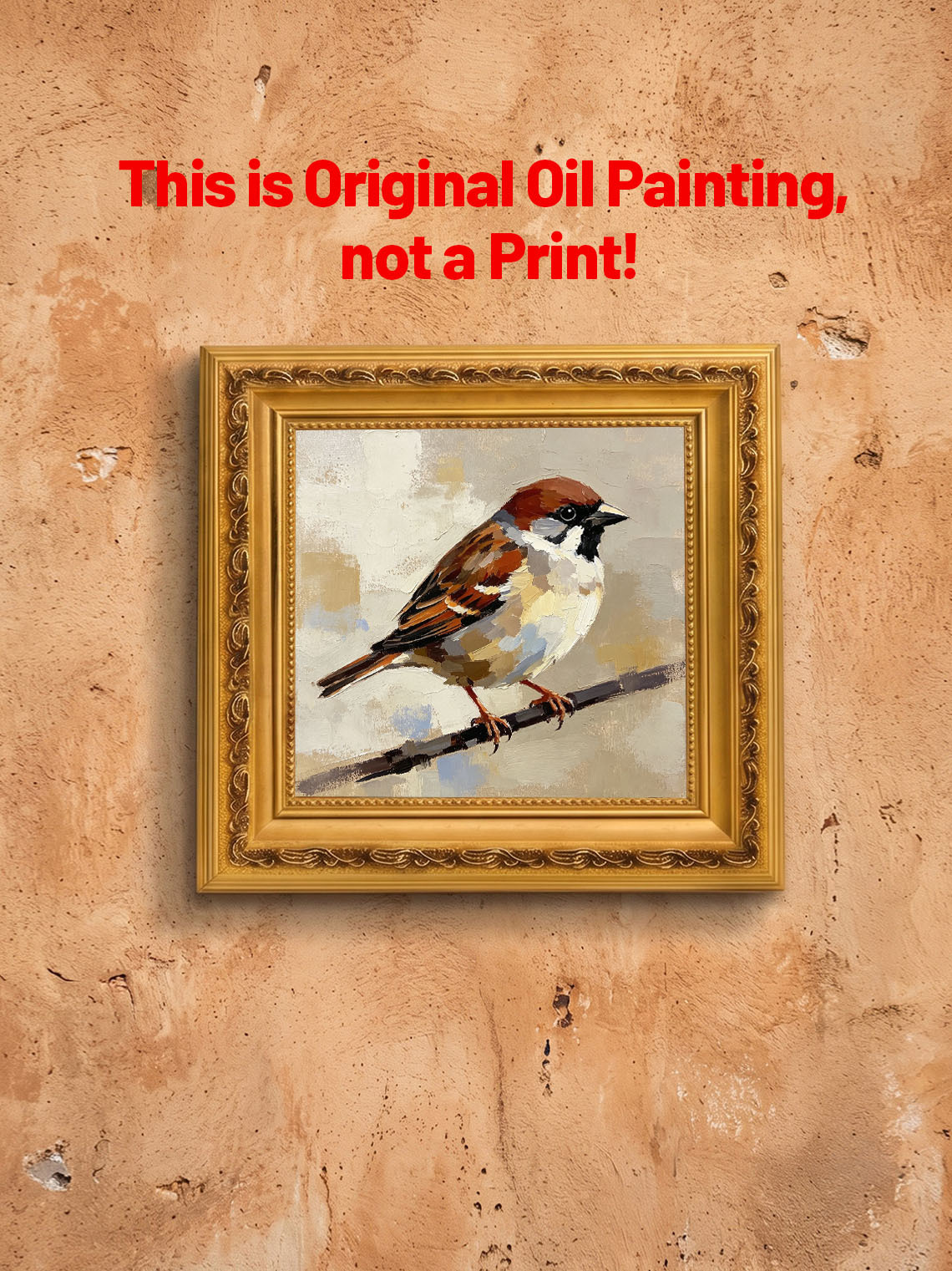 Single Sparrow Perched On Twig Oil Painting Soft Neutral Textured Background  Custom oil painting from photo, Gift for friend，Size 4x4