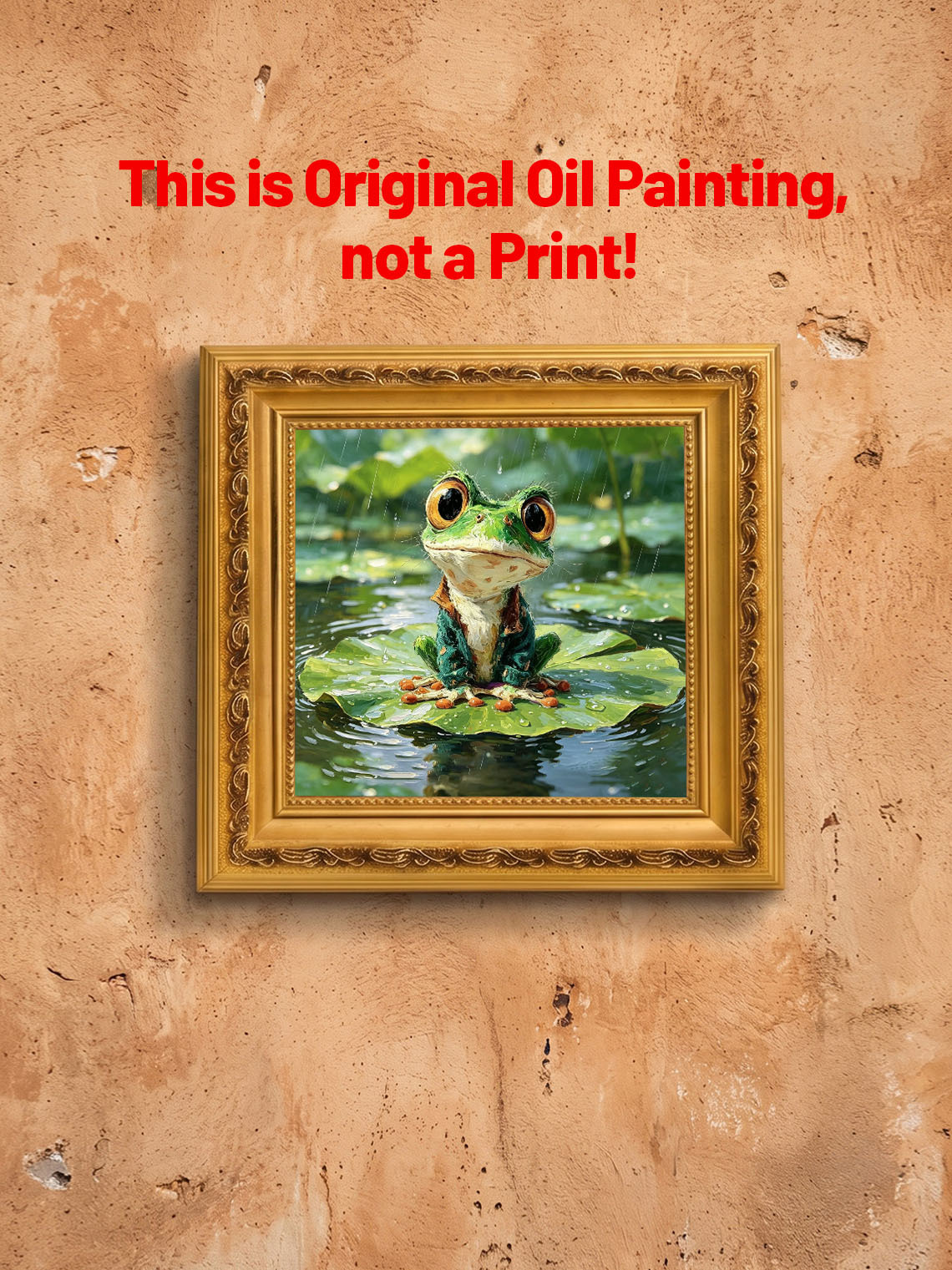 Cute Dressed Green Frog Sitting On Rainy Lotus Leaf Impasto Oil Painting Custom oil painting from photo, Gift for friend，Size 4x4