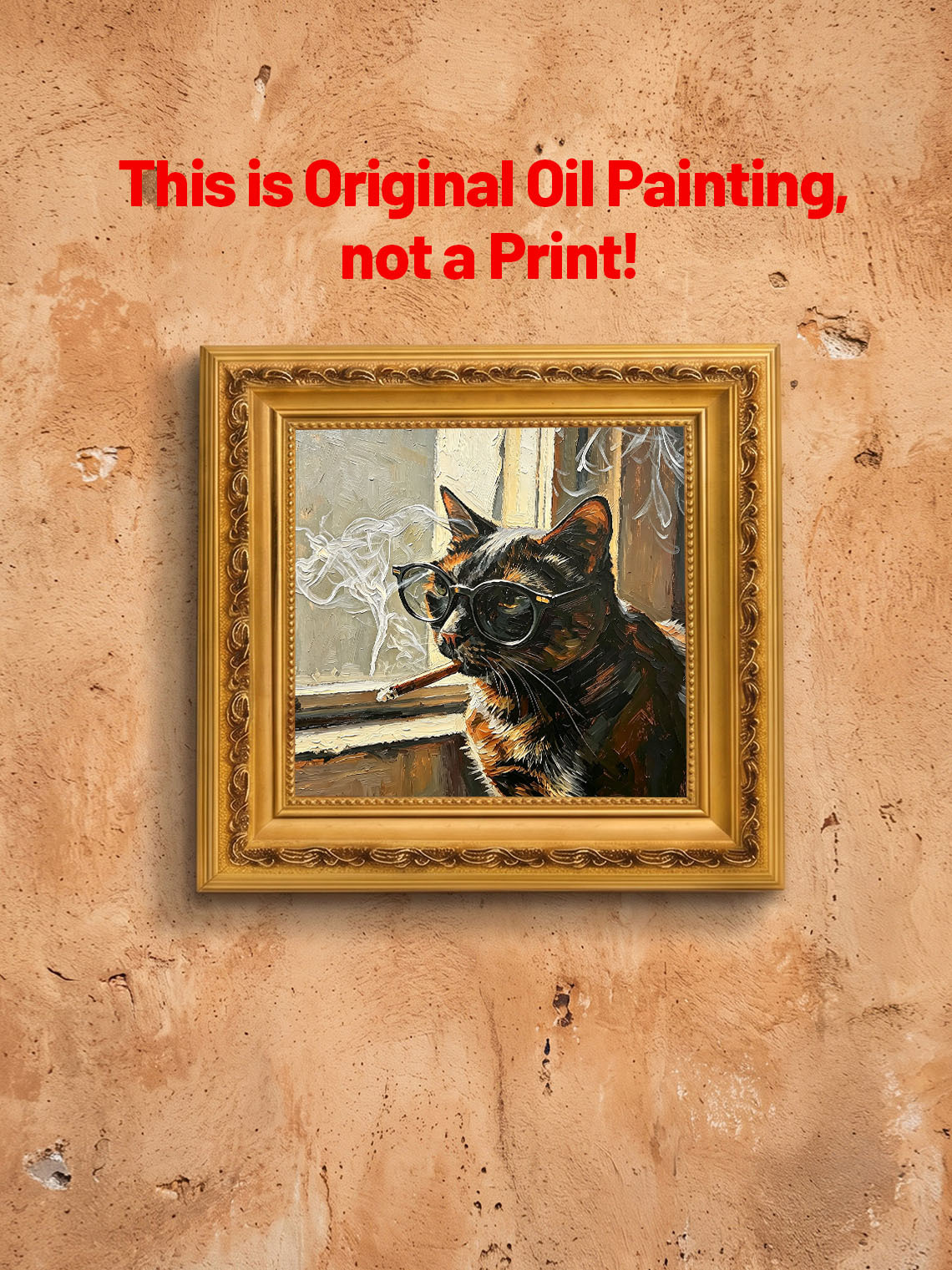 Cool Tortoiseshell Cat With Glasses By Window Impasto Oil Painting Custom oil painting from photo, Gift for friend，Size 4x4