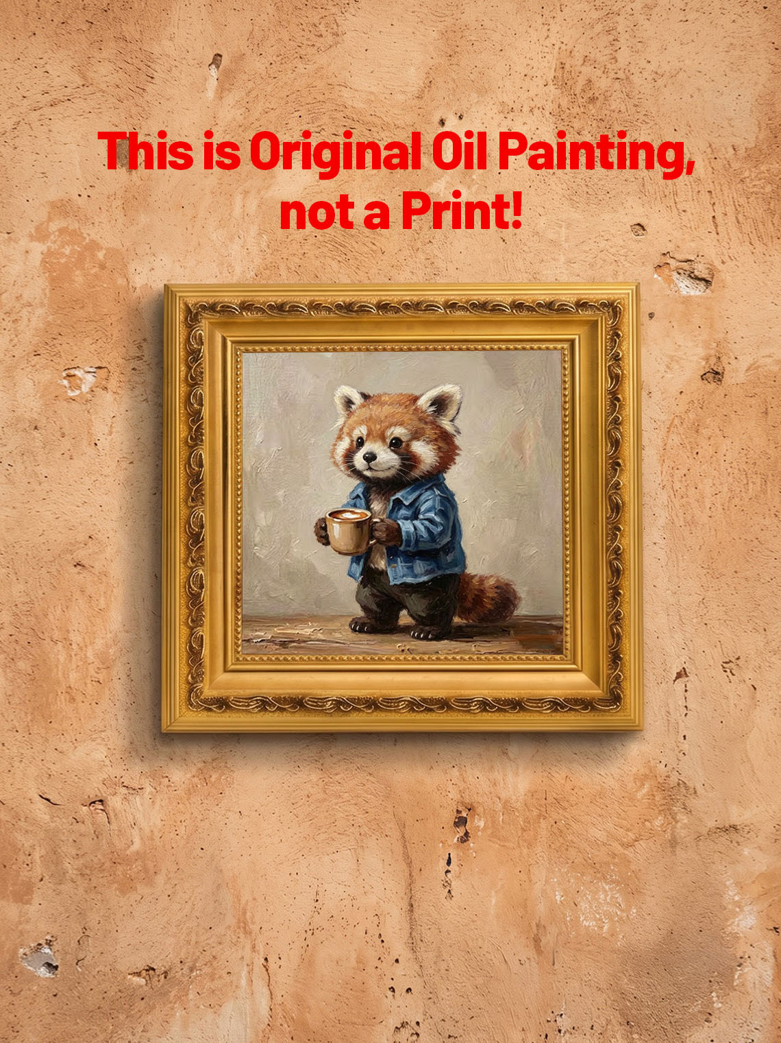 Cute Red Panda In Denim Jacket Holding Coffee Mug Impasto Oil Painting Custom oil painting from photo, Gift for friend，Size 4x4