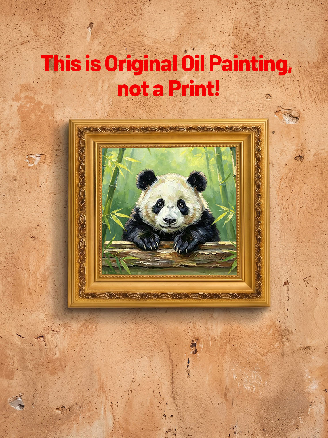 Adorable Giant Panda Leaning Over Log In Bamboo Forest Impasto Oil Painting Custom oil painting from photo, Gift for friend，Size 4x4