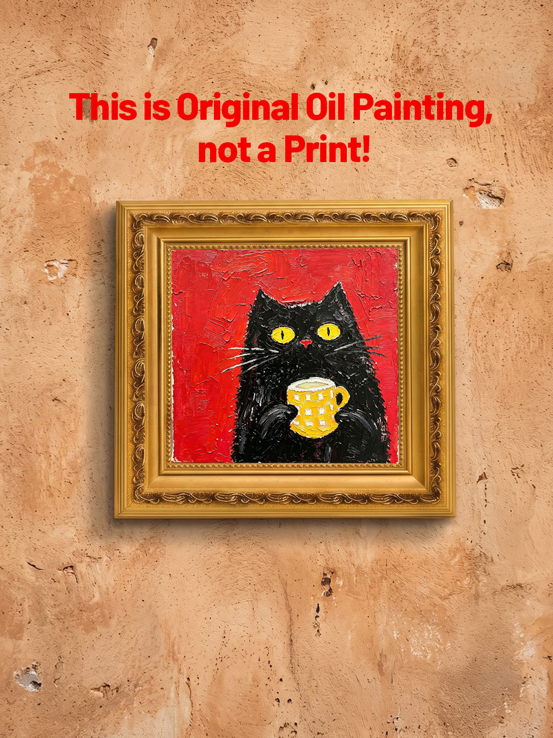 Whimsical Black Cat Holding Yellow Checkered Mug Red Background Oil Painting Custom oil painting from photo, Gift for friend，Size 4x4