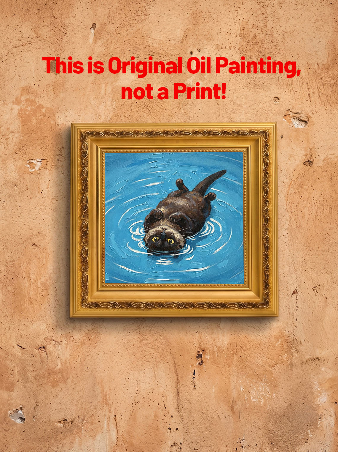Playful Otter Floating On Bright Blue Rippling Water Impasto Oil Painting Custom oil painting from photo, Gift for friend，Size 4x4