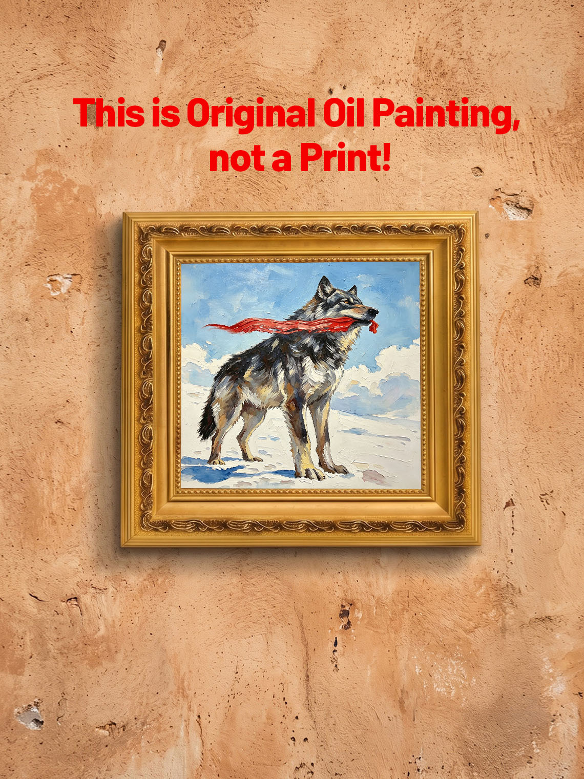 Wild Grey Wolf Holding Flowing Red Ribbon On Snowy Winter Landscape Oil Painting Custom oil painting from photo, Gift for friend，Size 4x4