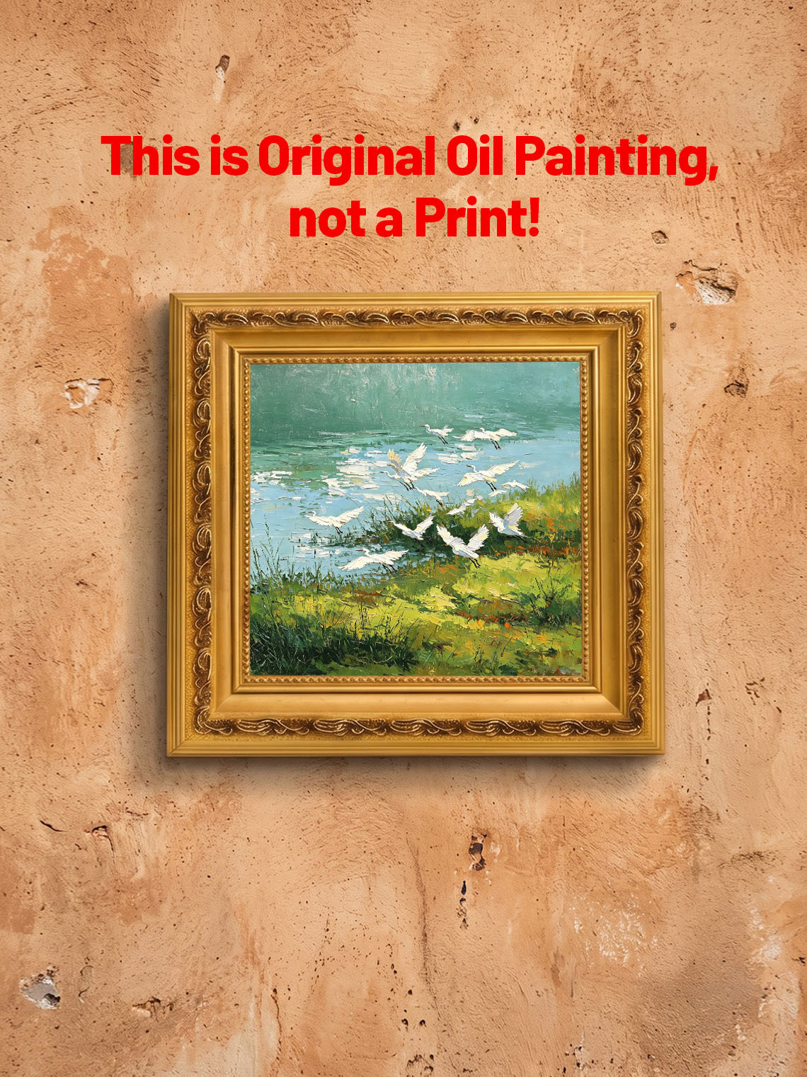 Flock of White Egrets Flying Over Green Riverside Wetland Landscape Oil Painting Custom oil painting from photo, Gift for friend，Size 4x4