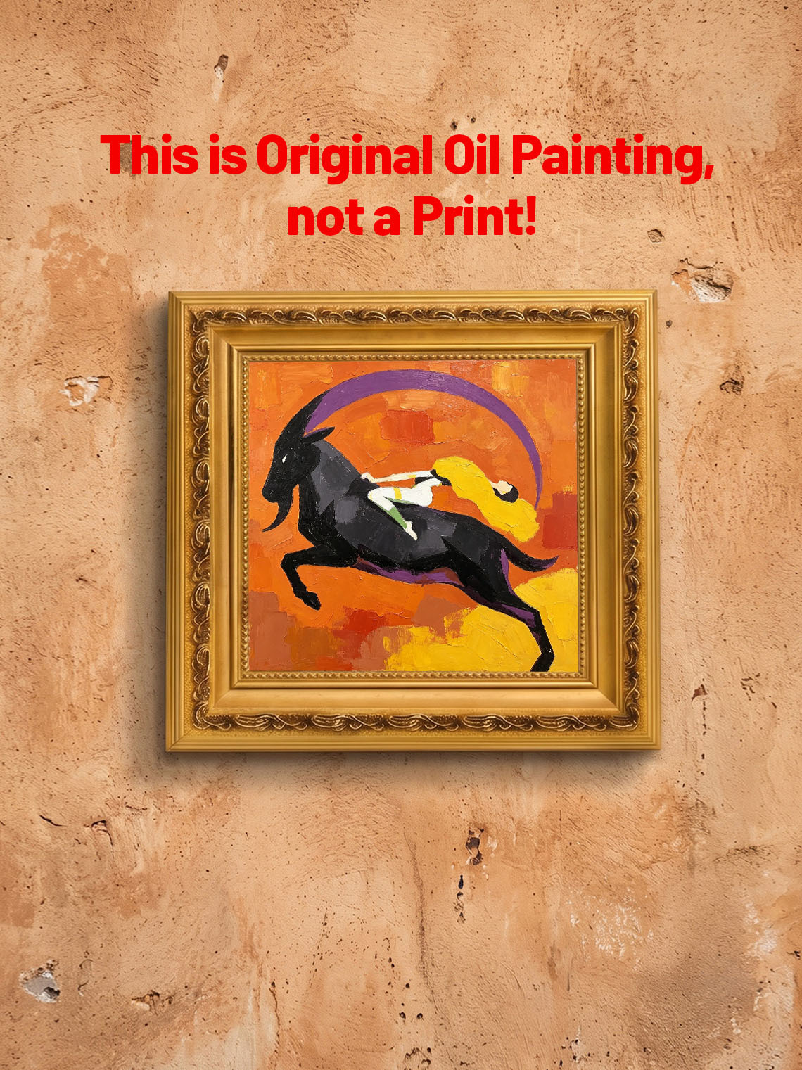 Abstract Mythological Scene Woman Riding Black Goat Bold Orange Background Custom oil painting from photo, Gift for friend，Size 4x4