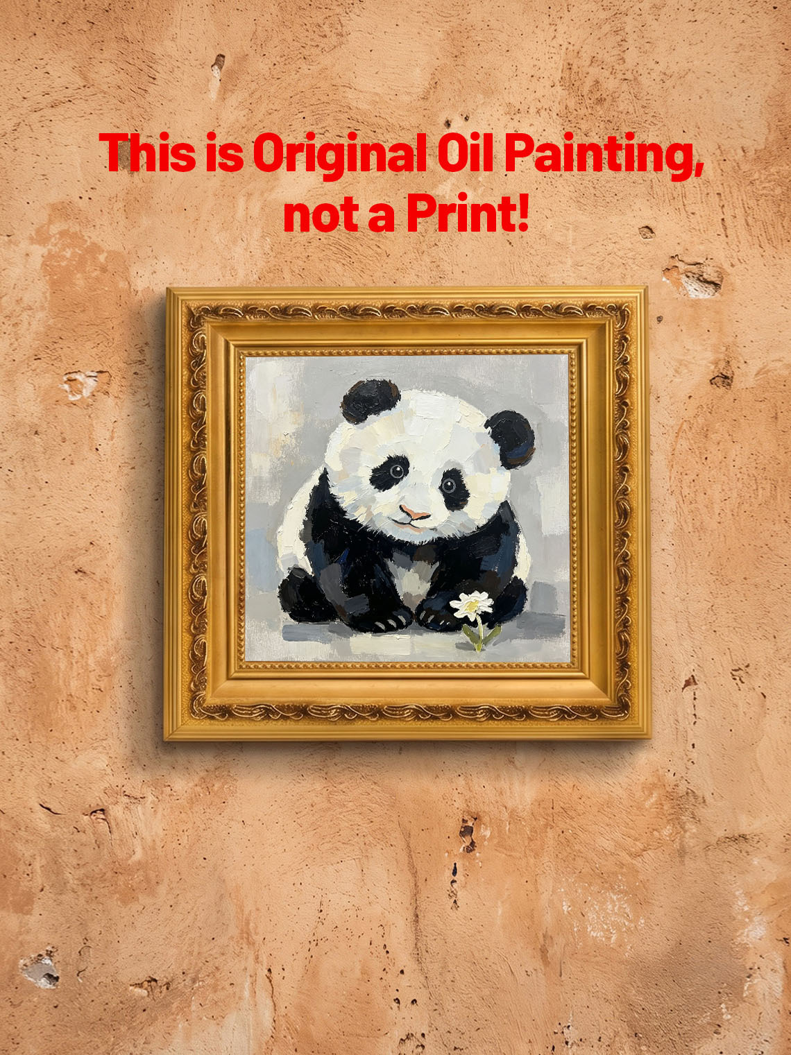 Baby Panda With White Daisy Flower Neutral Grey Background Impasto Oil Painting Custom oil painting from photo, Gift for friend，Size 4x4