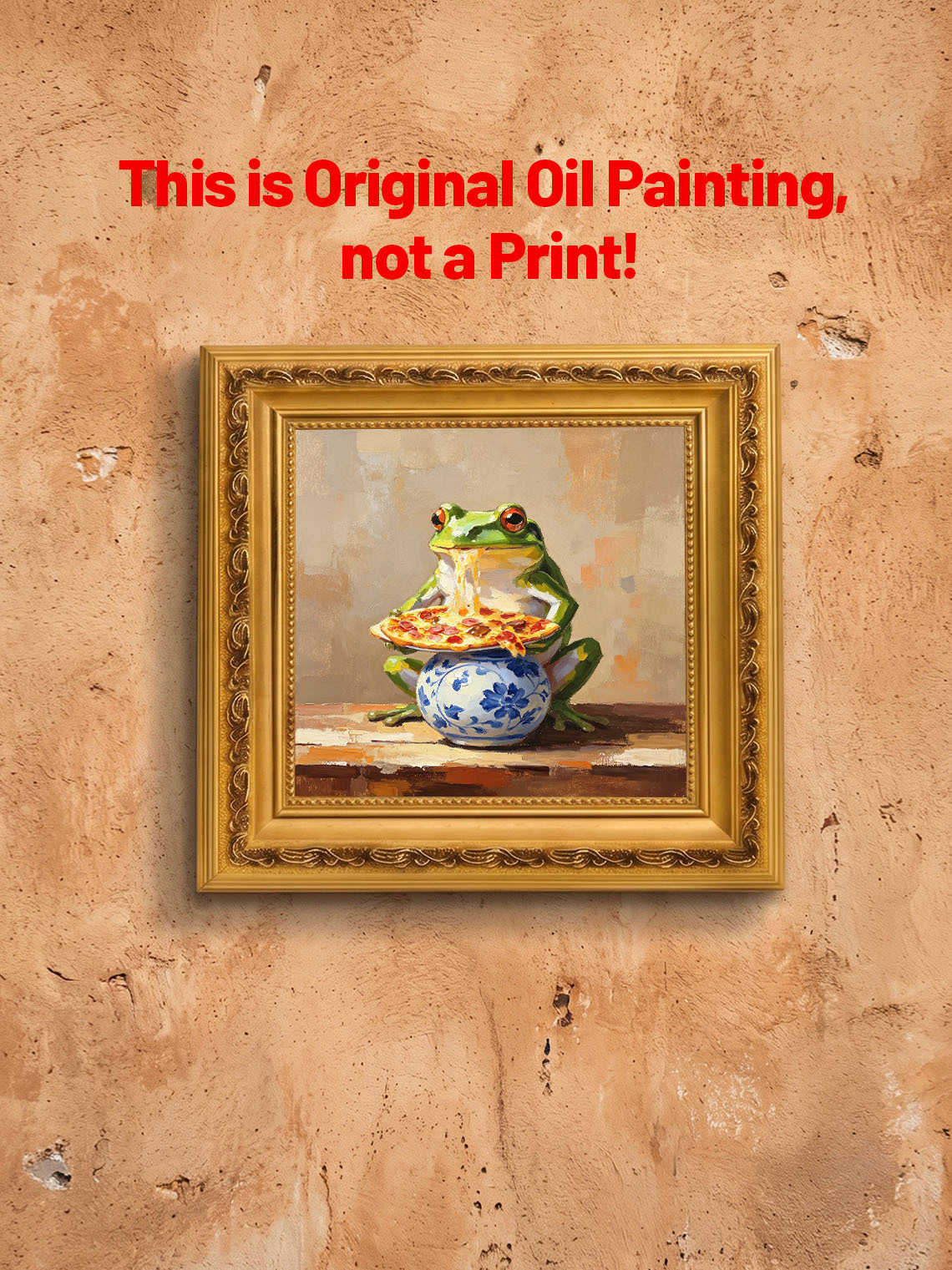 Whimsical Green Frog Eating Melted Cheese Pizza On Blue Floral Vase Oil Painting Custom oil painting from photo, Gift for friend，Size 4x4