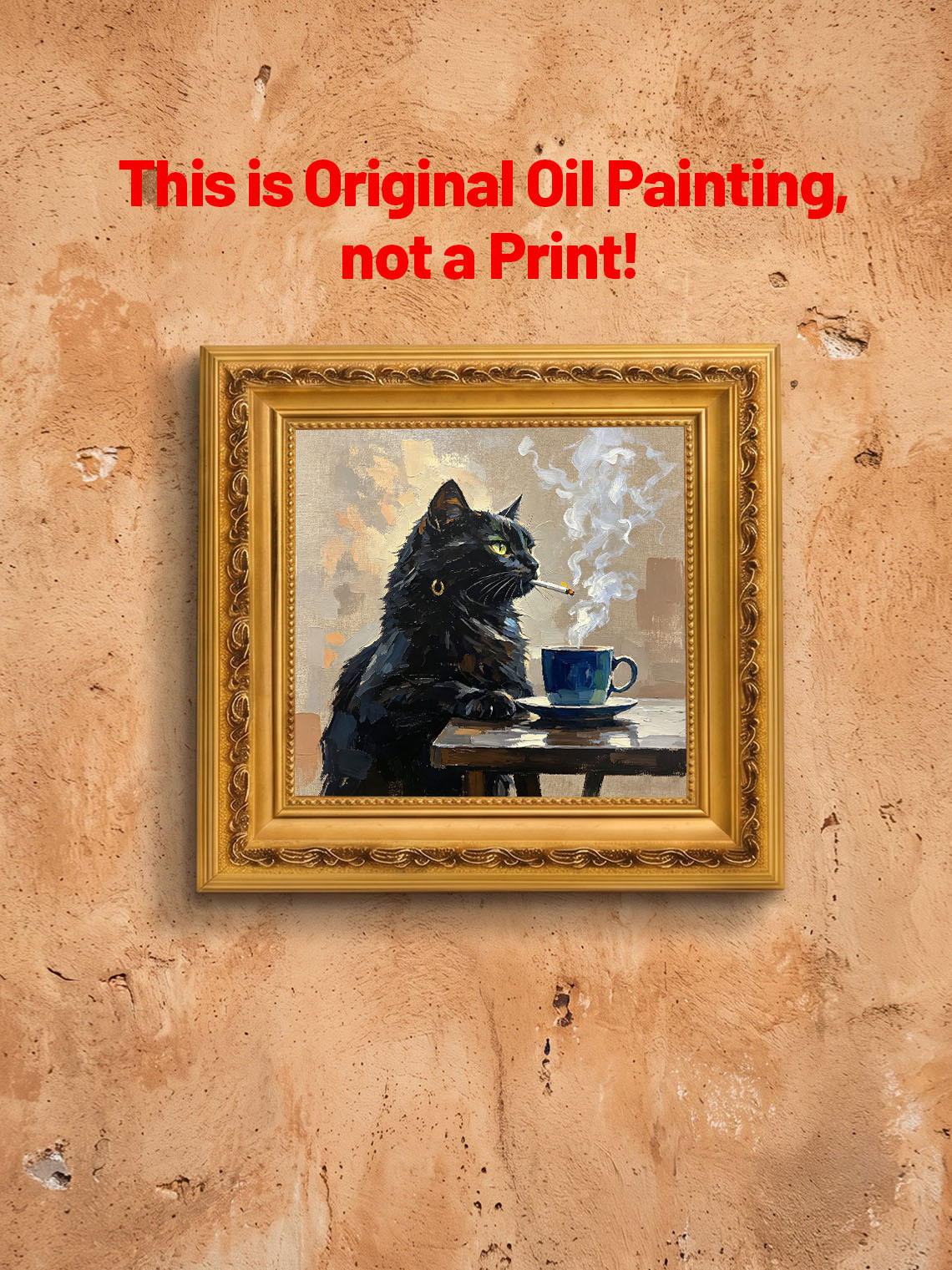 Cool Moody Black Cat With Gold Earring Beside Blue Coffee Cup On Wooden Table Custom oil painting from photo, Gift for friend，Size 4x4