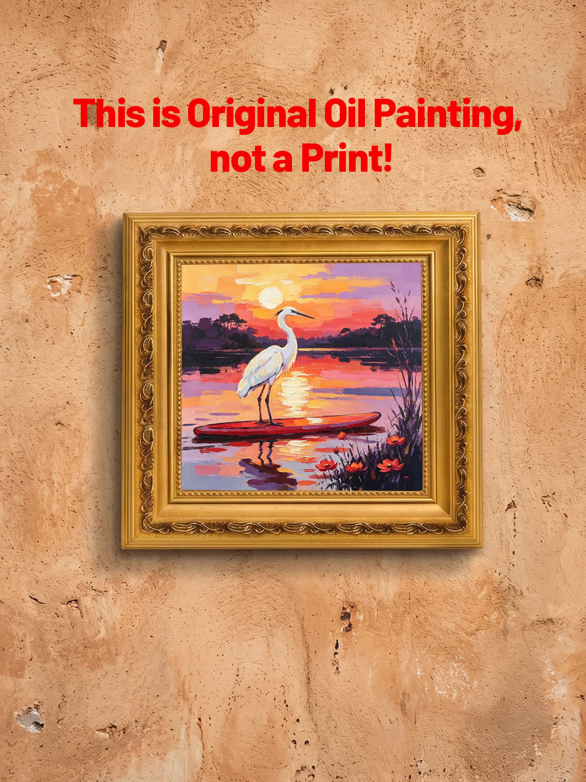 White Egret Standing on Red Paddle Board Over Lake At Vibrant Sunset Landscape Custom oil painting from photo, Gift for friend，Size 4x4