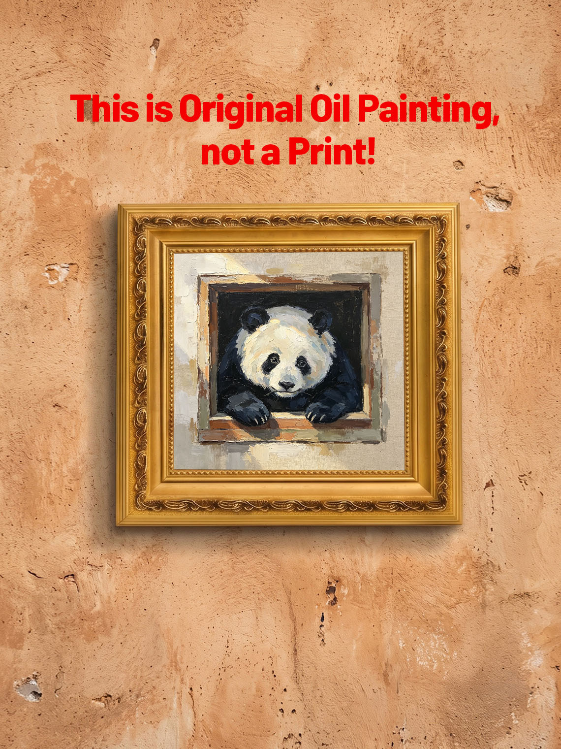 Cute Giant Panda Leaning Out From Wooden Window Box Impasto Oil Painting Custom oil painting from photo, Gift for friend，Size 4x4