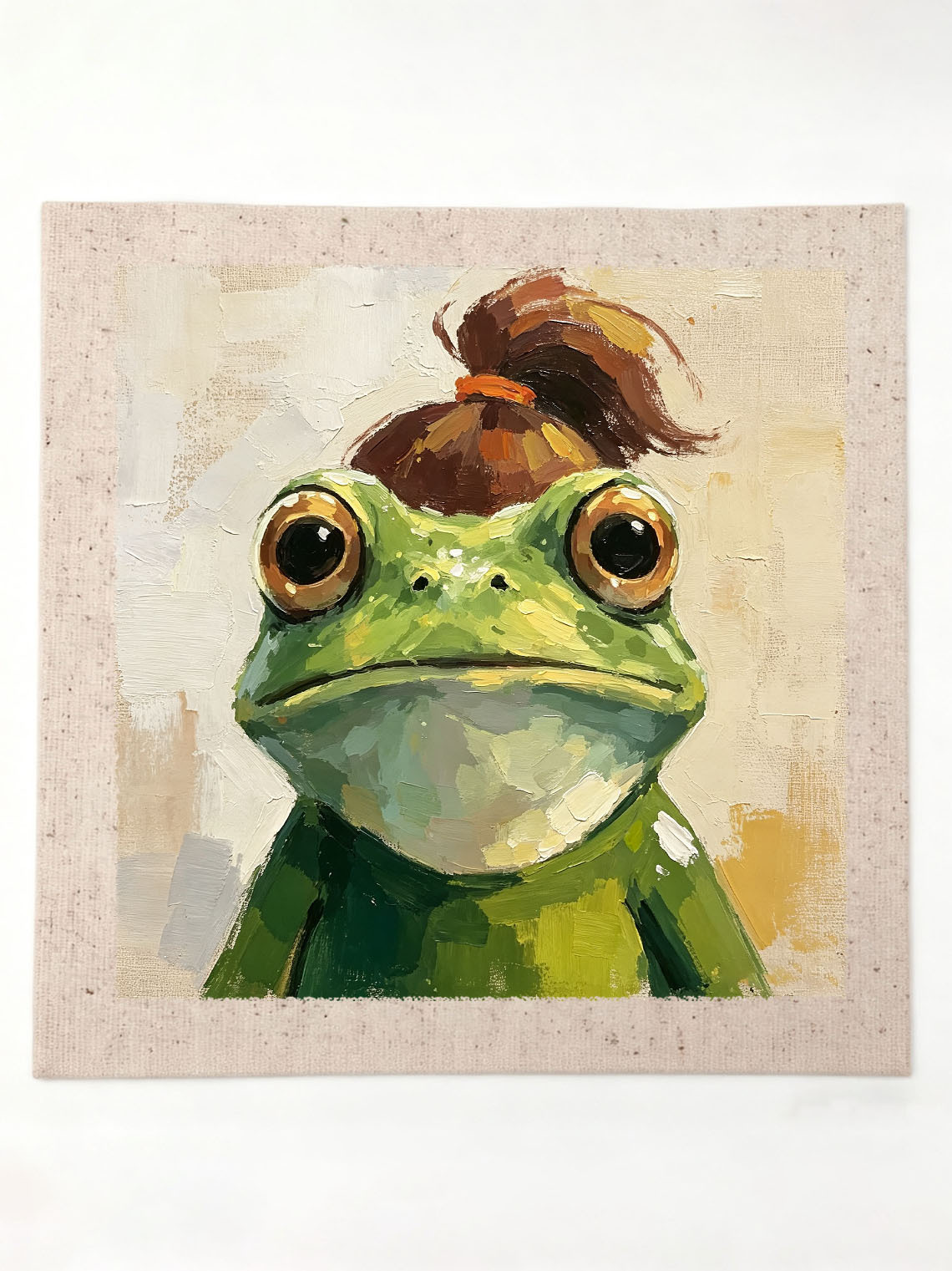 Frog With Messy Bun Hairstyle Whimsical Oil Painting Warm Beige Background  Custom oil painting from photo, Gift for friend，Size 4x4