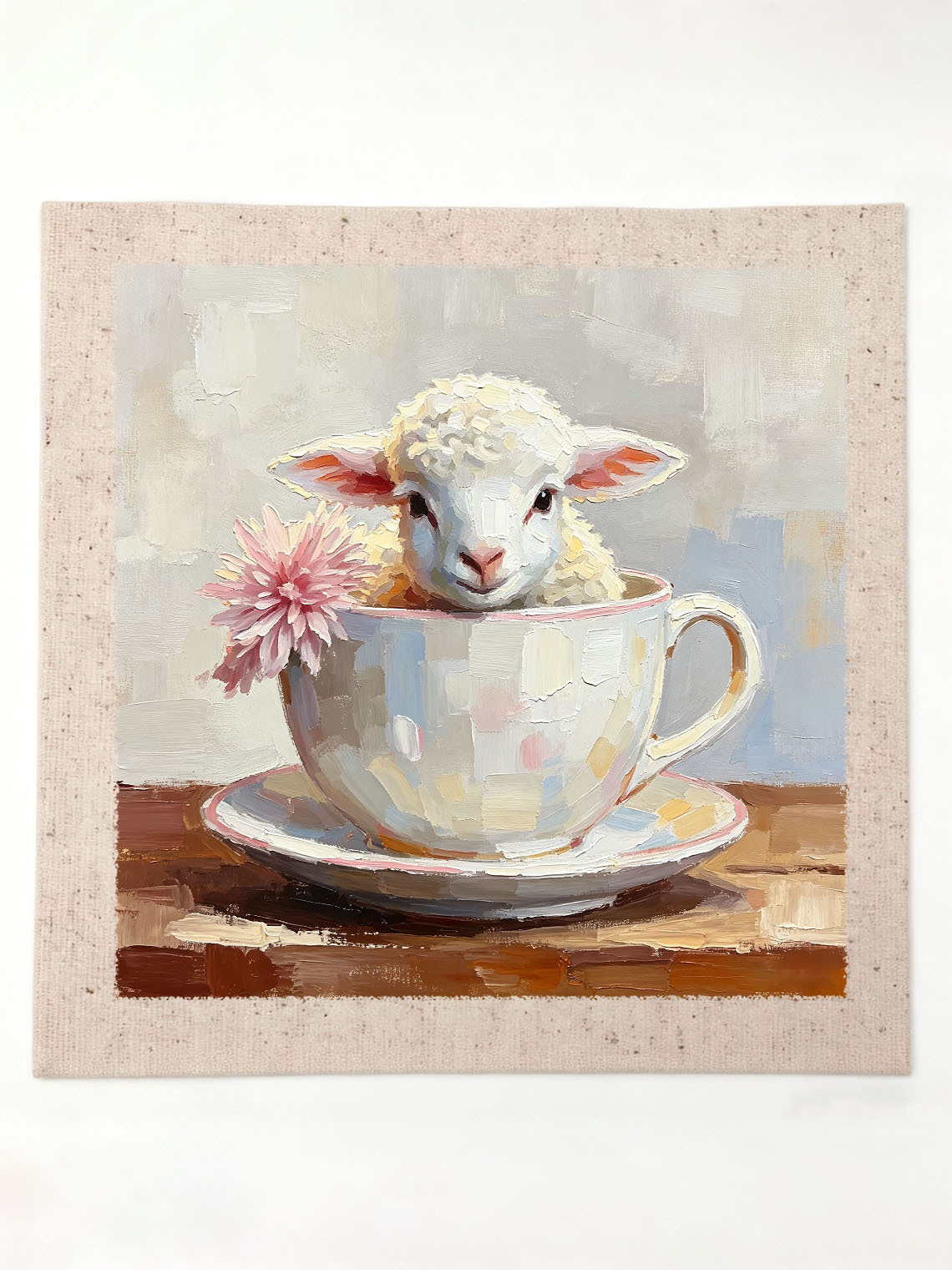 Baby Lamb Inside Pastel Teacup With Pink Flower Whimsical Custom oil painting from photo, Gift for friend，Size 4x4