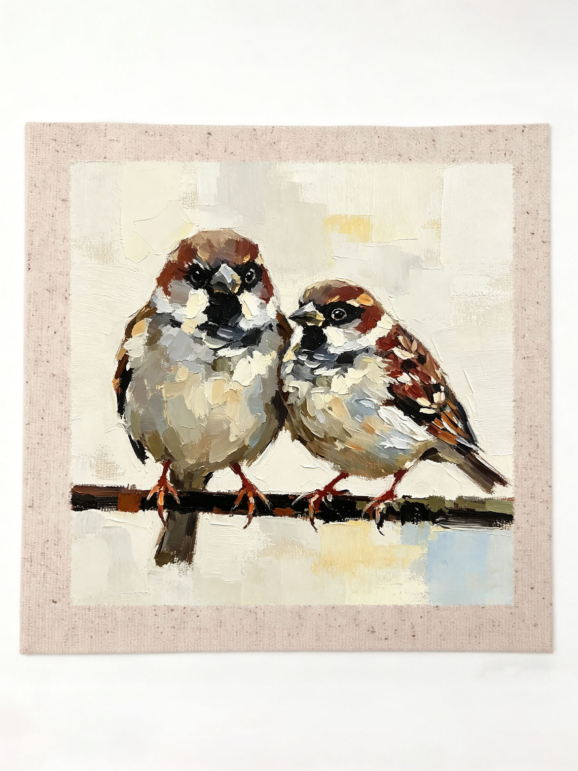 Pair Of Sweet Sparrows On Branch Oil Painting Soft Cream Textured Background  Custom oil painting from photo, Gift for friend，Size 4x4