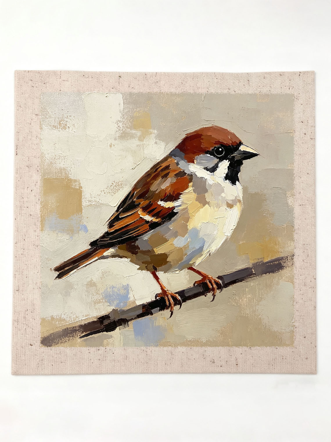 Single Sparrow Perched On Twig Oil Painting Soft Neutral Textured Background  Custom oil painting from photo, Gift for friend，Size 4x4