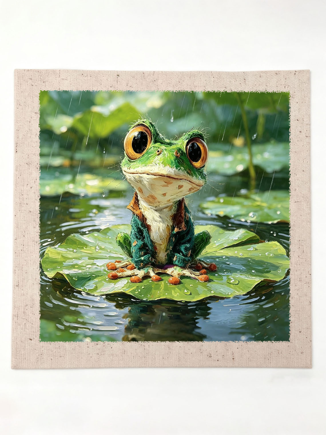 Cute Dressed Green Frog Sitting On Rainy Lotus Leaf Impasto Oil Painting Custom oil painting from photo, Gift for friend，Size 4x4