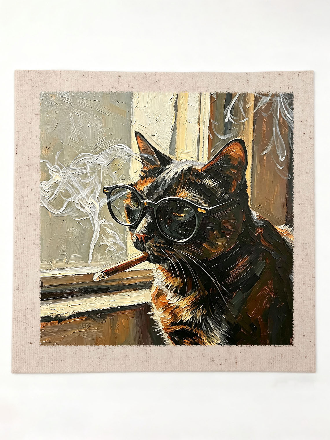 Cool Tortoiseshell Cat With Glasses By Window Impasto Oil Painting Custom oil painting from photo, Gift for friend，Size 4x4