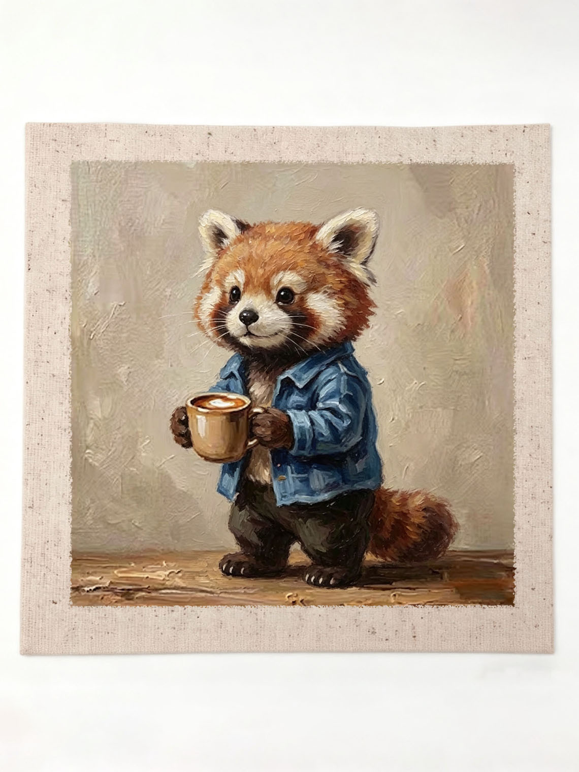 Cute Red Panda In Denim Jacket Holding Coffee Mug Impasto Oil Painting Custom oil painting from photo, Gift for friend，Size 4x4