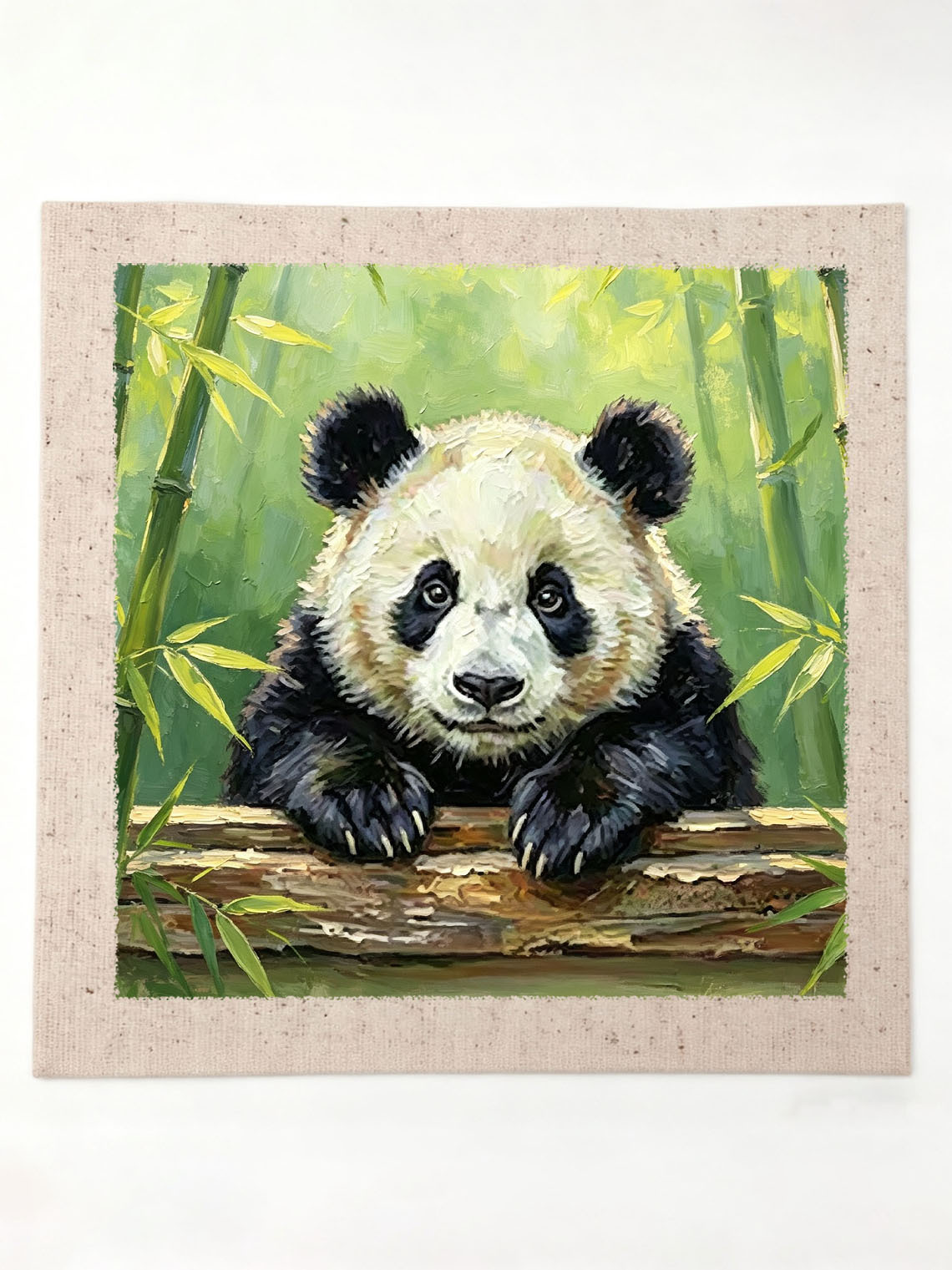 Adorable Giant Panda Leaning Over Log In Bamboo Forest Impasto Oil Painting Custom oil painting from photo, Gift for friend，Size 4x4