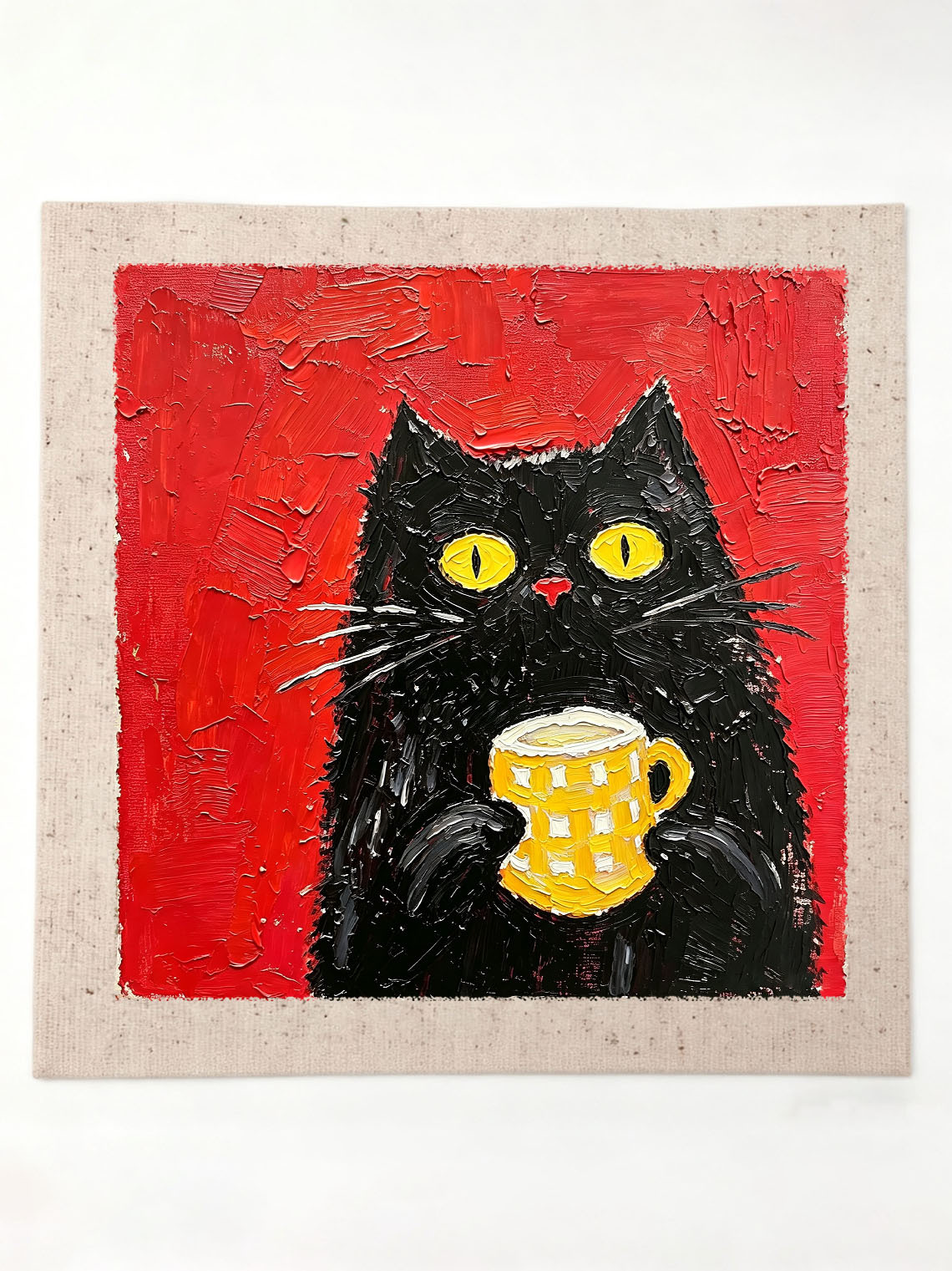 Whimsical Black Cat Holding Yellow Checkered Mug Red Background Oil Painting Custom oil painting from photo, Gift for friend，Size 4x4