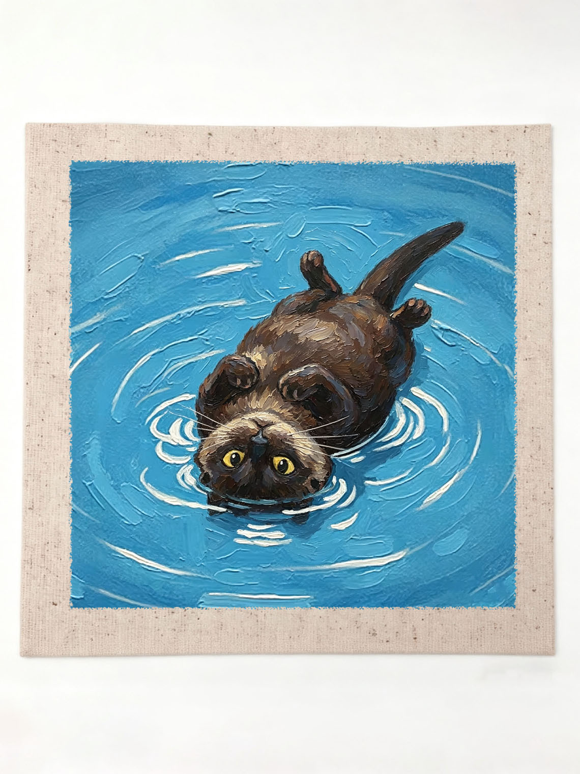 Playful Otter Floating On Bright Blue Rippling Water Impasto Oil Painting Custom oil painting from photo, Gift for friend，Size 4x4