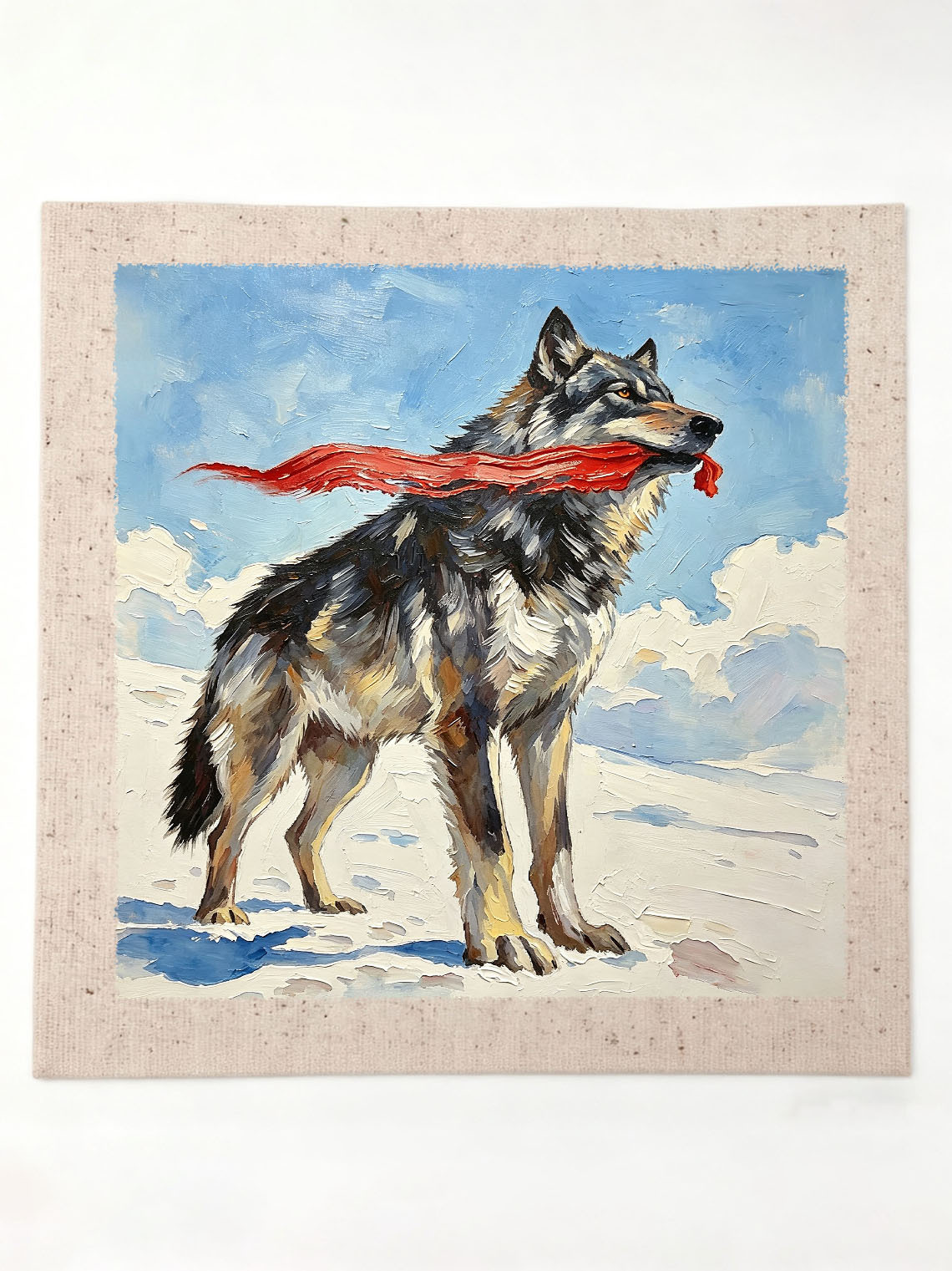 Wild Grey Wolf Holding Flowing Red Ribbon On Snowy Winter Landscape Oil Painting Custom oil painting from photo, Gift for friend，Size 4x4
