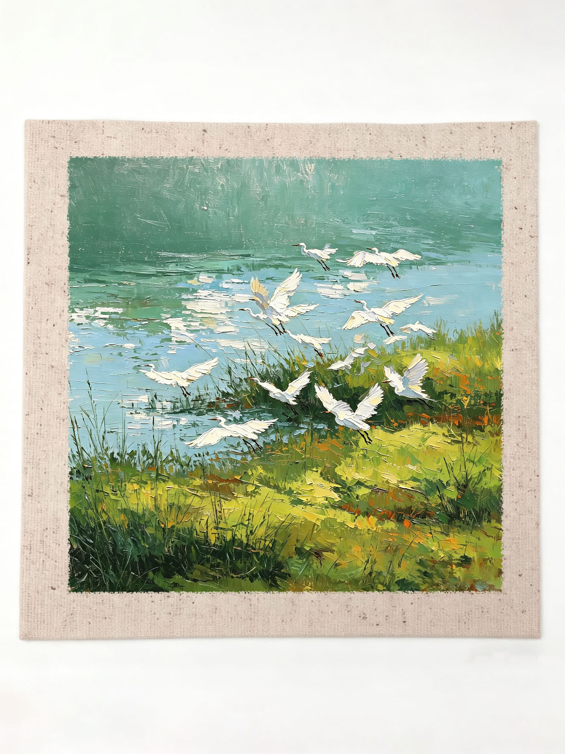 Flock of White Egrets Flying Over Green Riverside Wetland Landscape Oil Painting Custom oil painting from photo, Gift for friend，Size 4x4