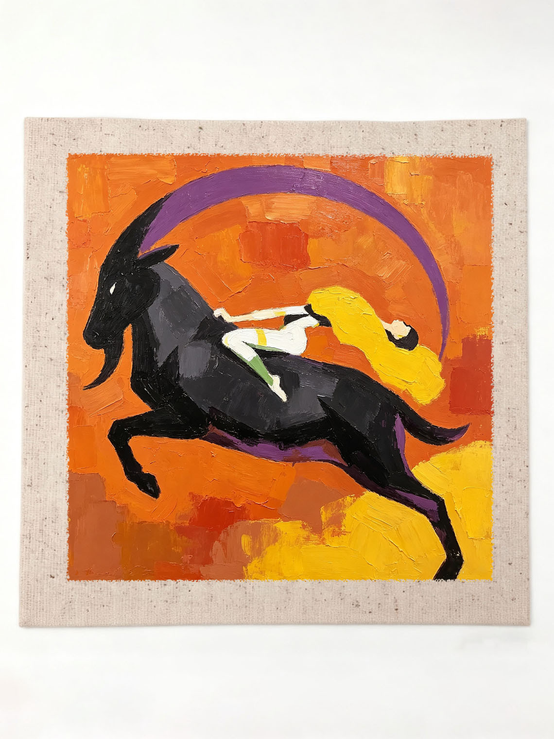 Abstract Mythological Scene Woman Riding Black Goat Bold Orange Background Custom oil painting from photo, Gift for friend，Size 4x4