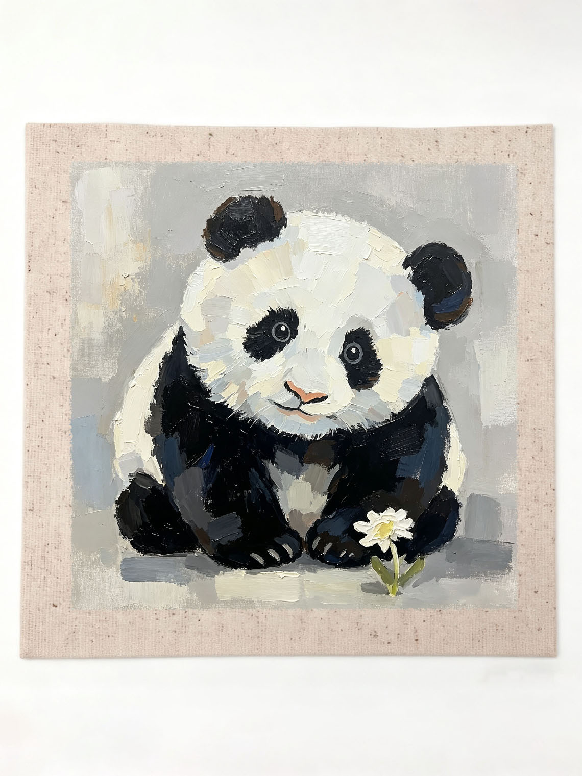 Baby Panda With White Daisy Flower Neutral Grey Background Impasto Oil Painting Custom oil painting from photo, Gift for friend，Size 4x4