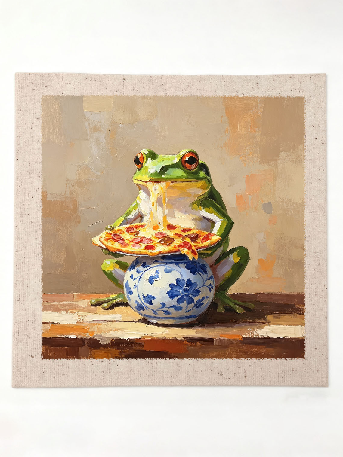 Whimsical Green Frog Eating Melted Cheese Pizza On Blue Floral Vase Oil Painting Custom oil painting from photo, Gift for friend，Size 4x4