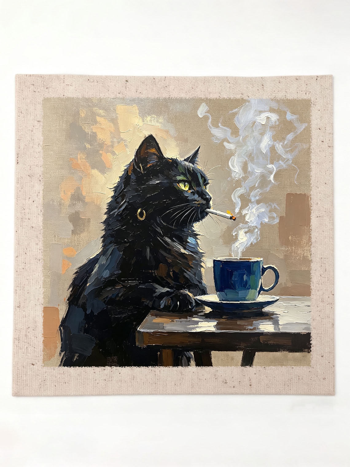 Cool Moody Black Cat With Gold Earring Beside Blue Coffee Cup On Wooden Table Custom oil painting from photo, Gift for friend，Size 4x4