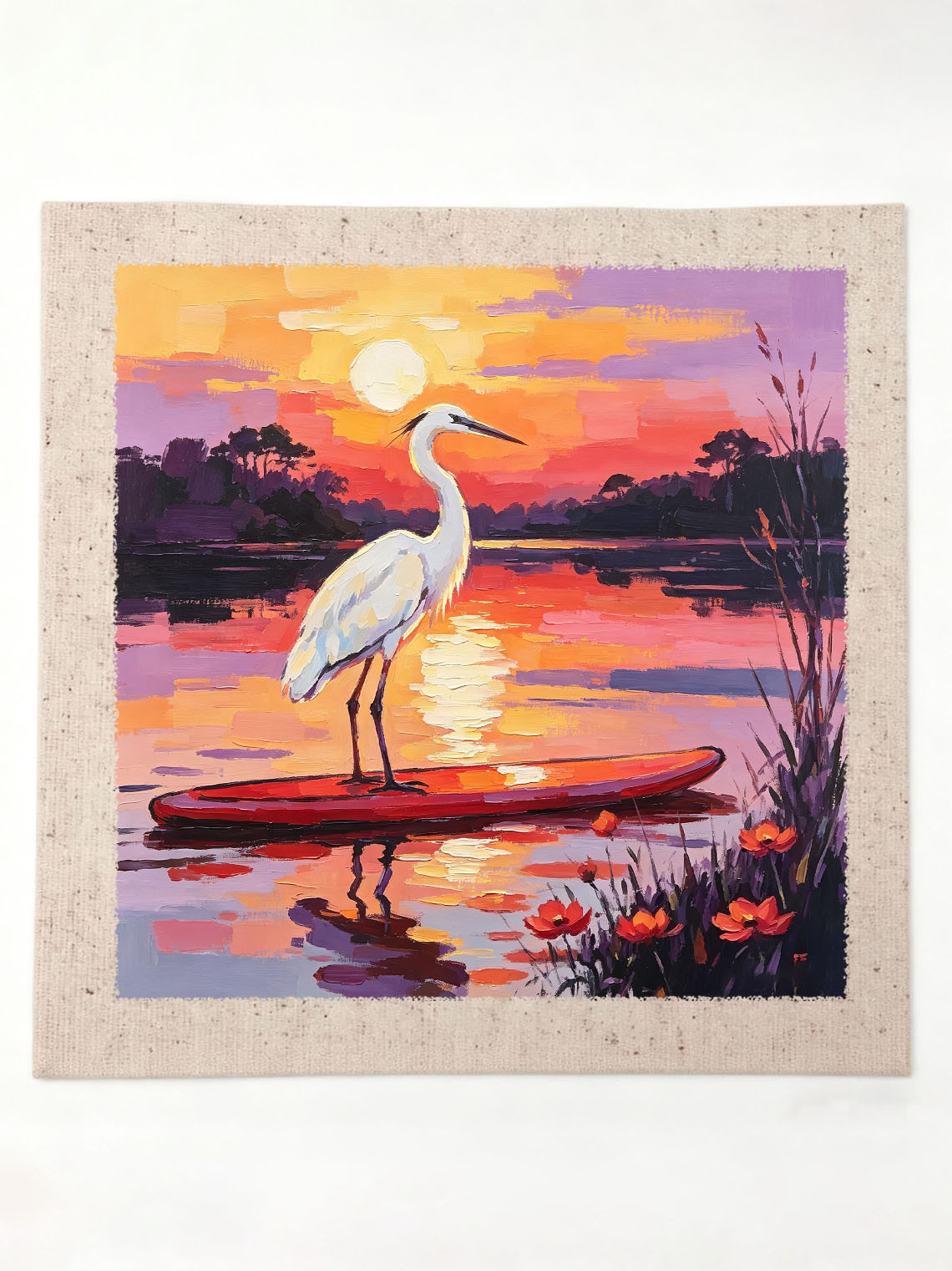 White Egret Standing on Red Paddle Board Over Lake At Vibrant Sunset Landscape Custom oil painting from photo, Gift for friend，Size 4x4