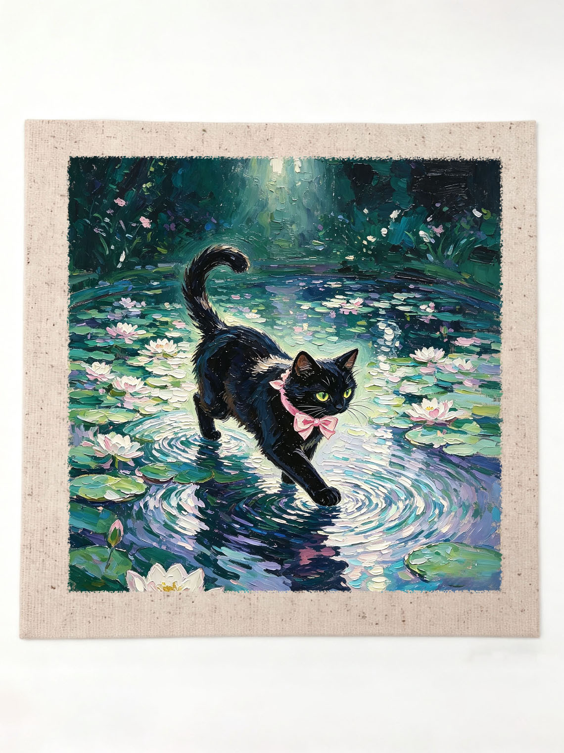 Black Cat With Pink Bow Walking Across Water Lily Pond In Sunlit Garden Custom oil painting from photo, Gift for friend，Size 4x4