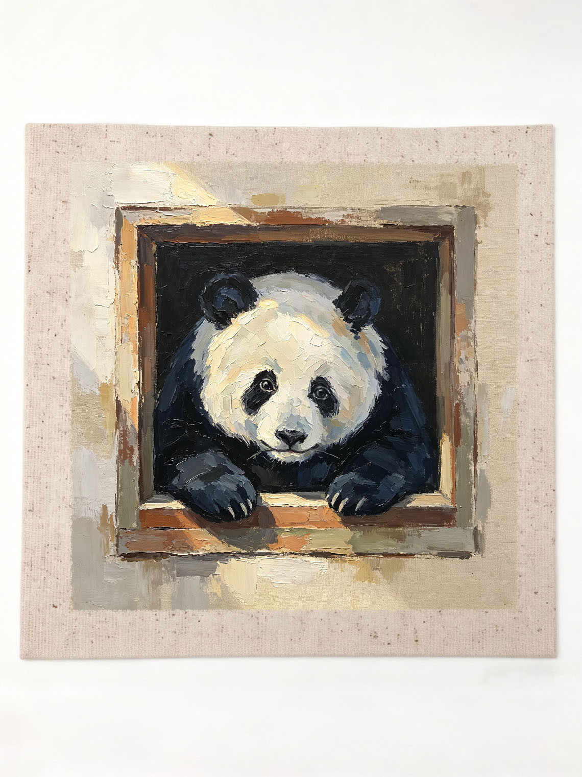 Cute Giant Panda Leaning Out From Wooden Window Box Impasto Oil Painting Custom oil painting from photo, Gift for friend，Size 4x4