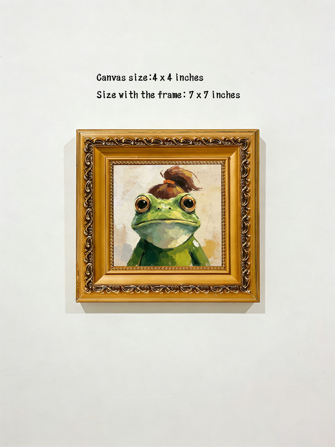 Frog With Messy Bun Hairstyle Whimsical Oil Painting Warm Beige Background  Custom oil painting from photo, Gift for friend，Size 4x4