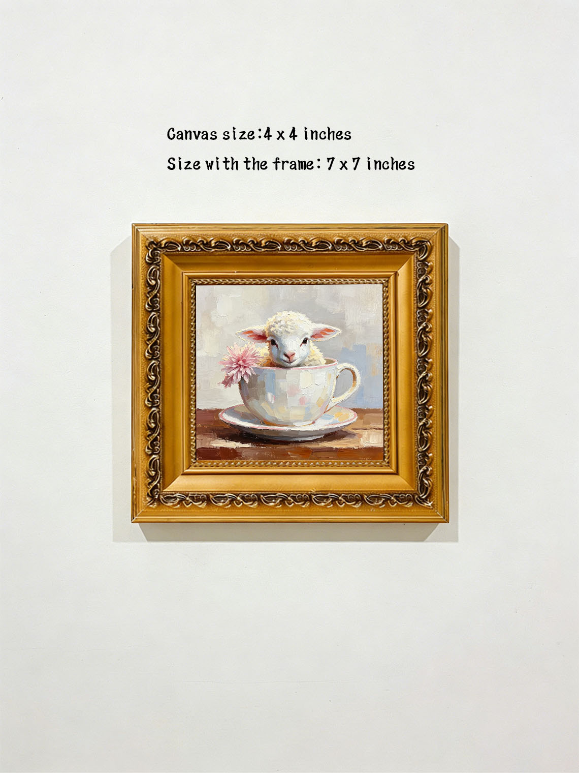 Baby Lamb Inside Pastel Teacup With Pink Flower Whimsical Custom oil painting from photo, Gift for friend，Size 4x4
