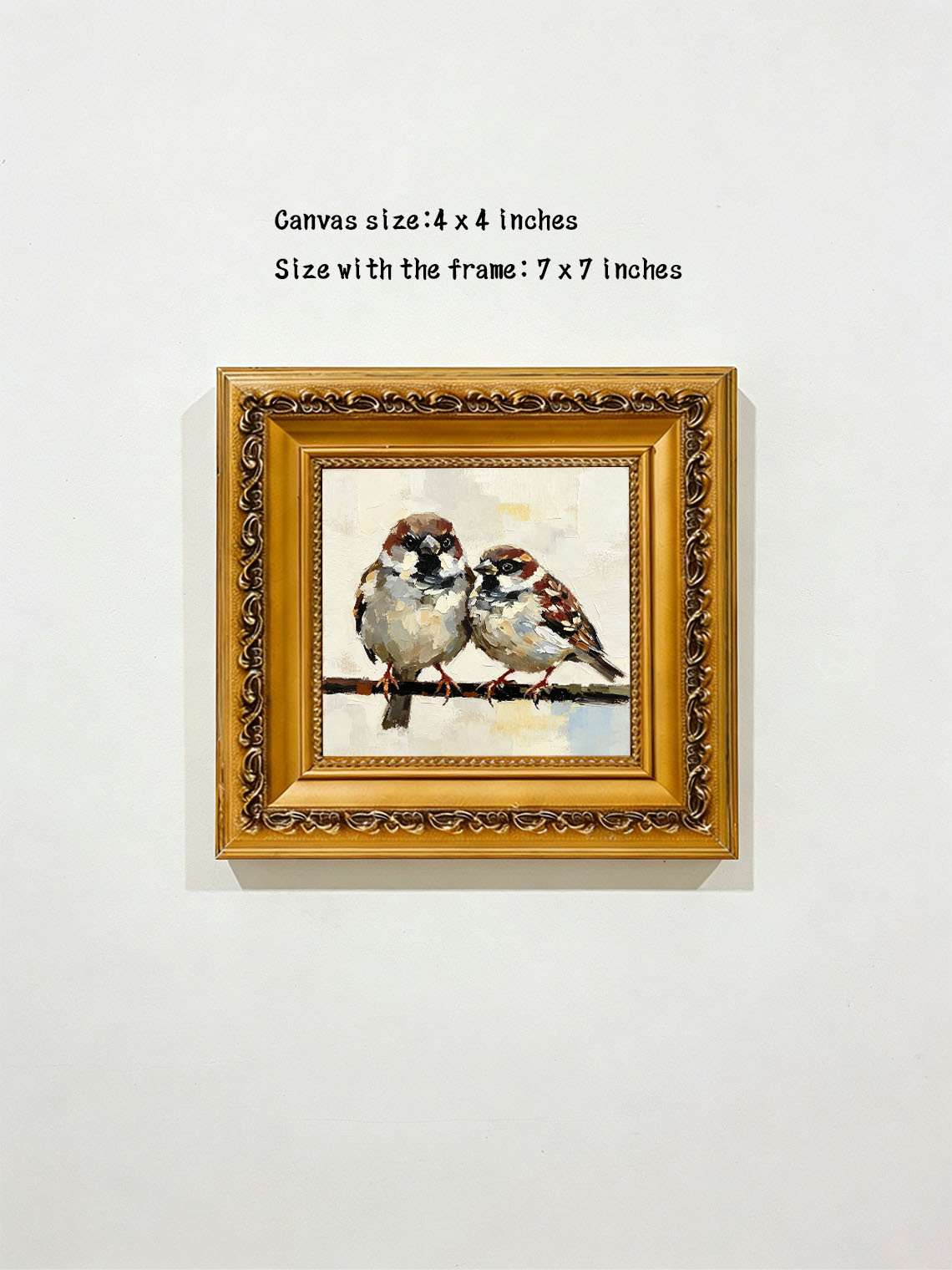 Pair Of Sweet Sparrows On Branch Oil Painting Soft Cream Textured Background  Custom oil painting from photo, Gift for friend，Size 4x4