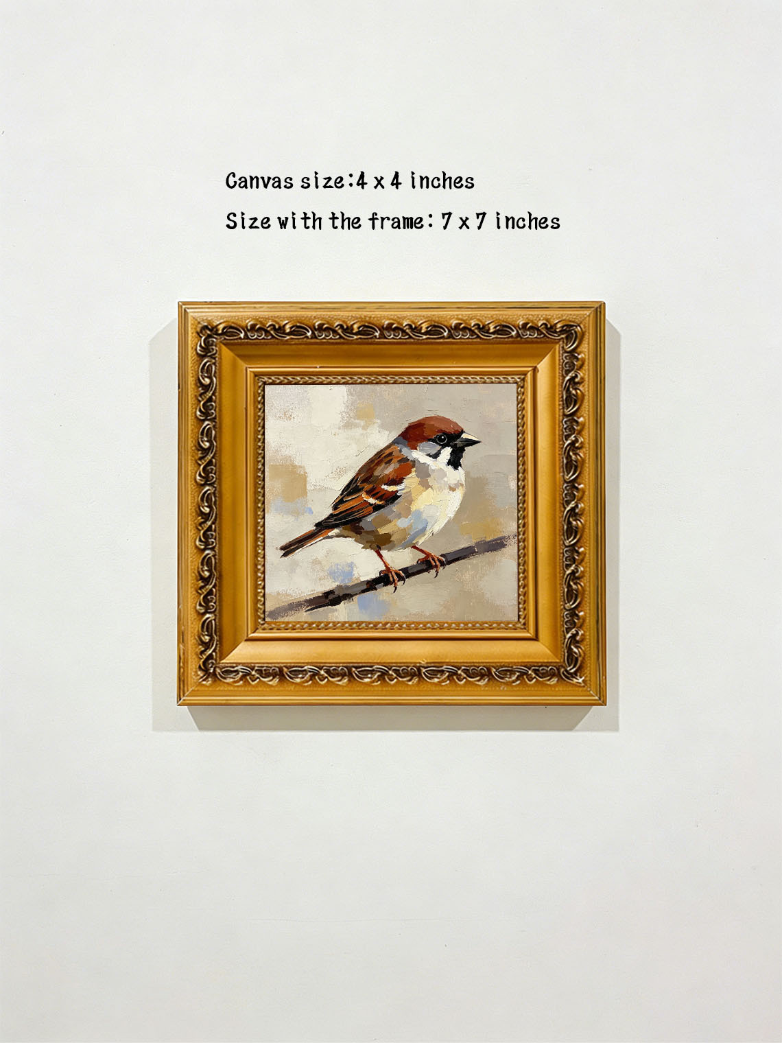 Single Sparrow Perched On Twig Oil Painting Soft Neutral Textured Background  Custom oil painting from photo, Gift for friend，Size 4x4