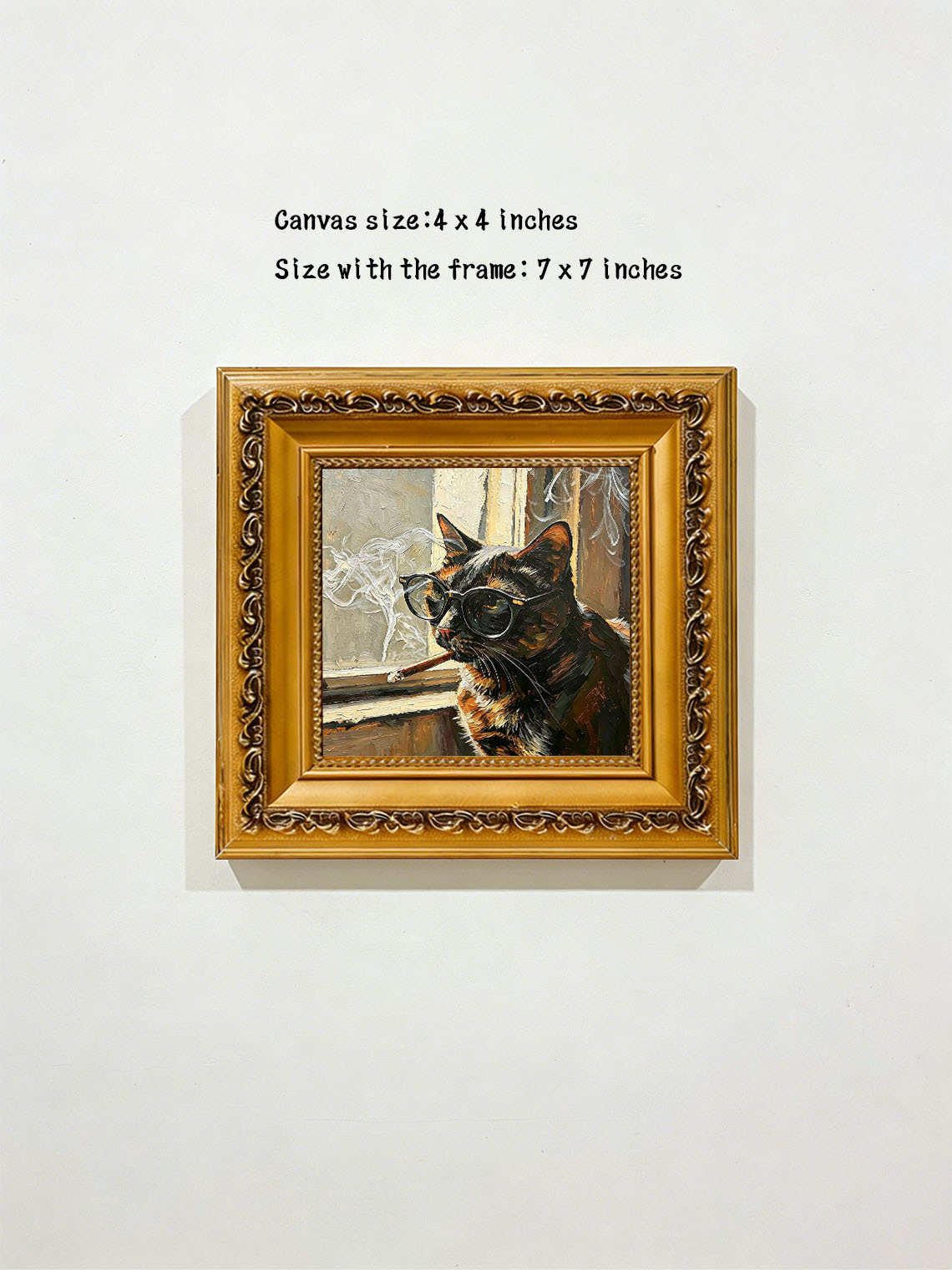 Cool Tortoiseshell Cat With Glasses By Window Impasto Oil Painting Custom oil painting from photo, Gift for friend，Size 4x4