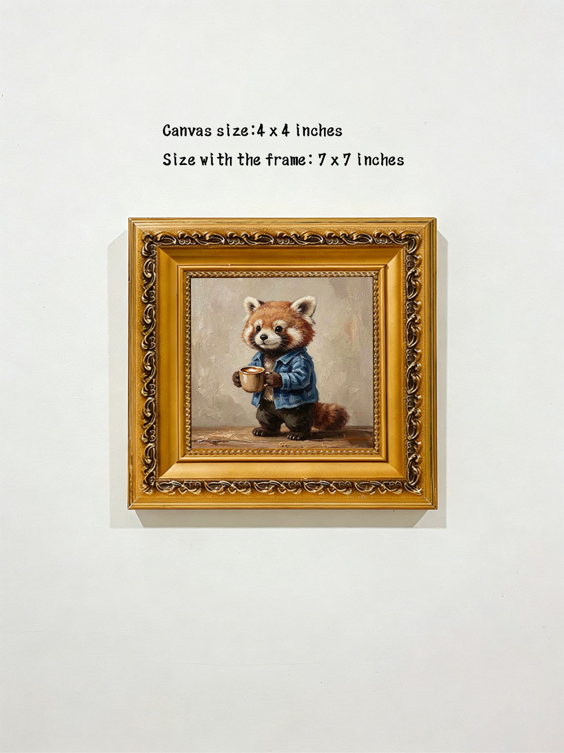 Cute Red Panda In Denim Jacket Holding Coffee Mug Impasto Oil Painting Custom oil painting from photo, Gift for friend，Size 4x4