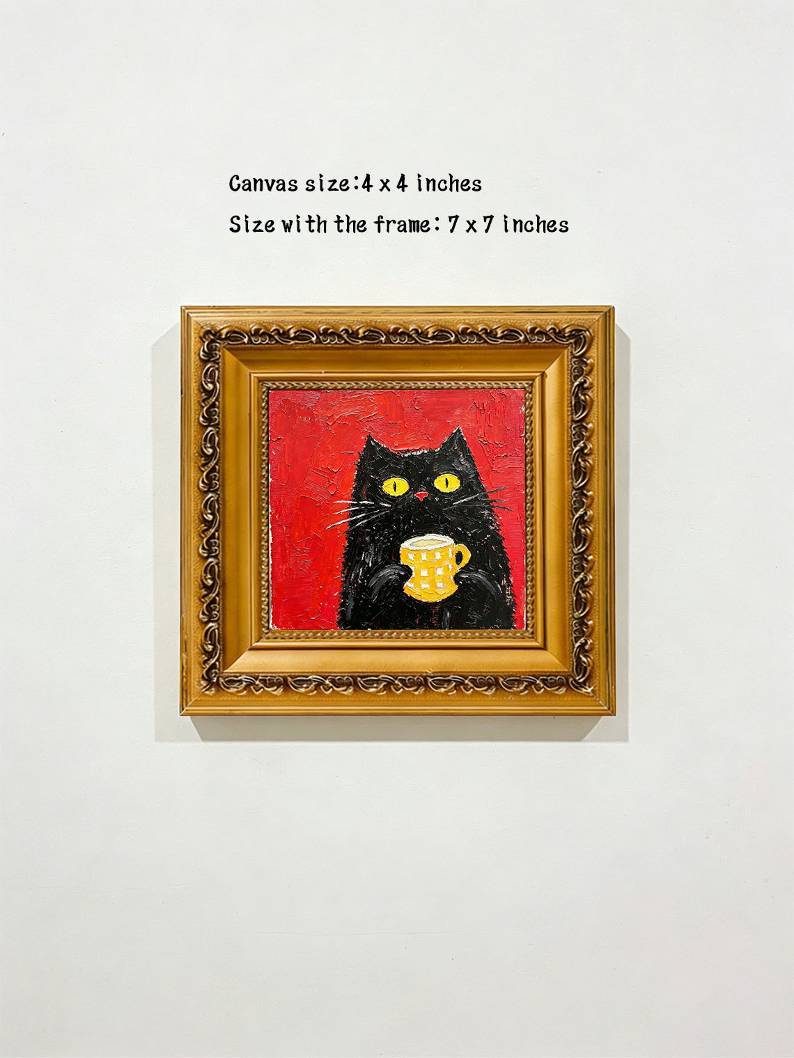 Whimsical Black Cat Holding Yellow Checkered Mug Red Background Oil Painting Custom oil painting from photo, Gift for friend，Size 4x4