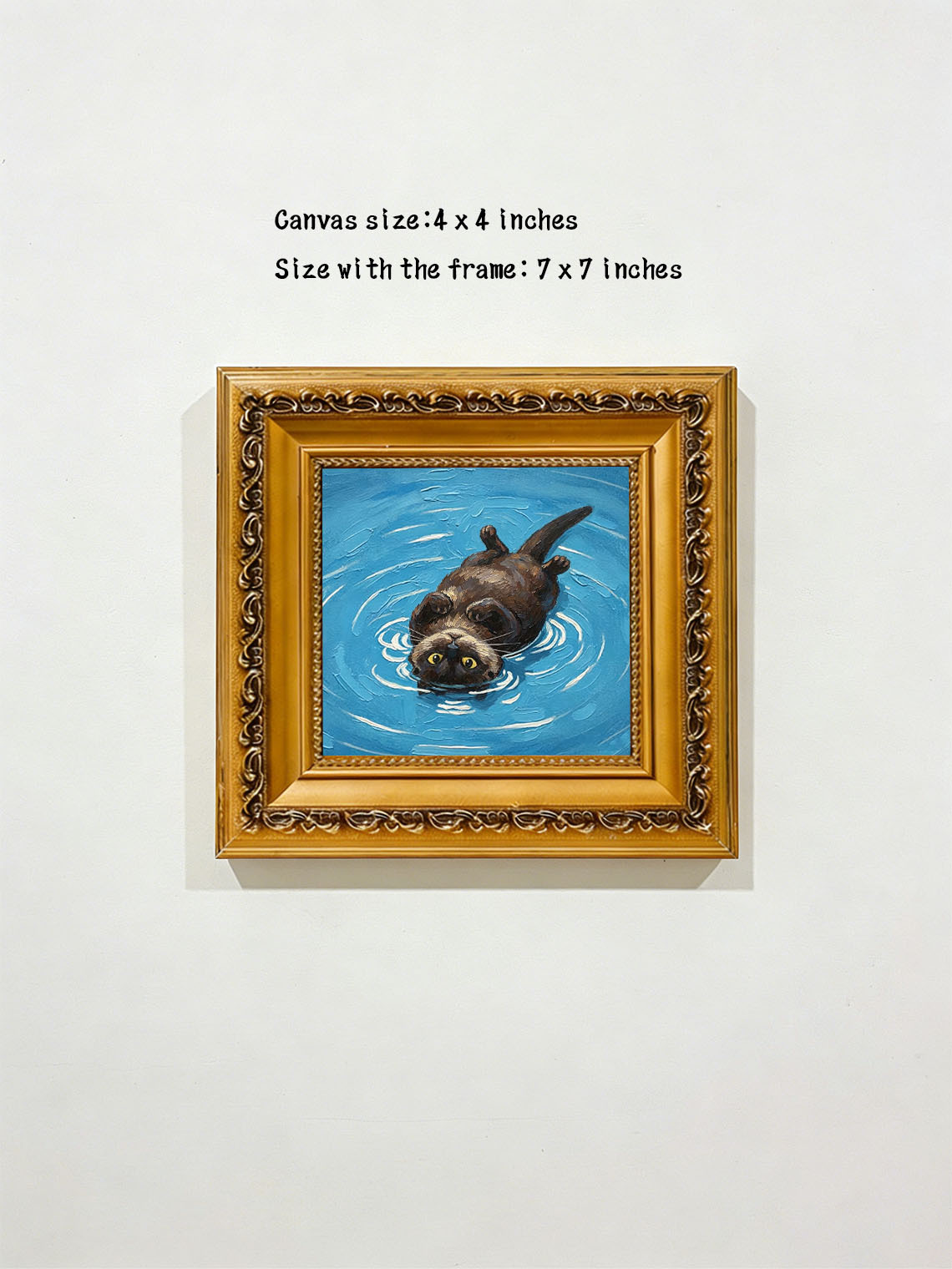 Playful Otter Floating On Bright Blue Rippling Water Impasto Oil Painting Custom oil painting from photo, Gift for friend，Size 4x4