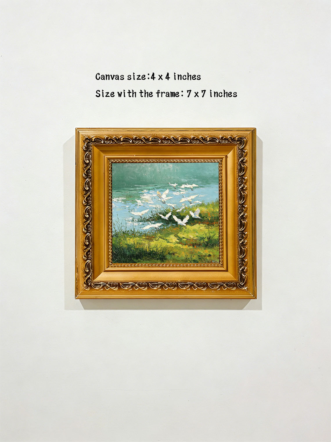 Flock of White Egrets Flying Over Green Riverside Wetland Landscape Oil Painting Custom oil painting from photo, Gift for friend，Size 4x4