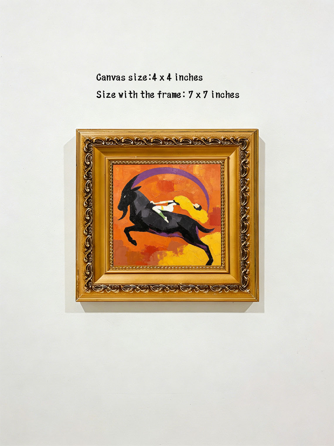 Abstract Mythological Scene Woman Riding Black Goat Bold Orange Background Custom oil painting from photo, Gift for friend，Size 4x4