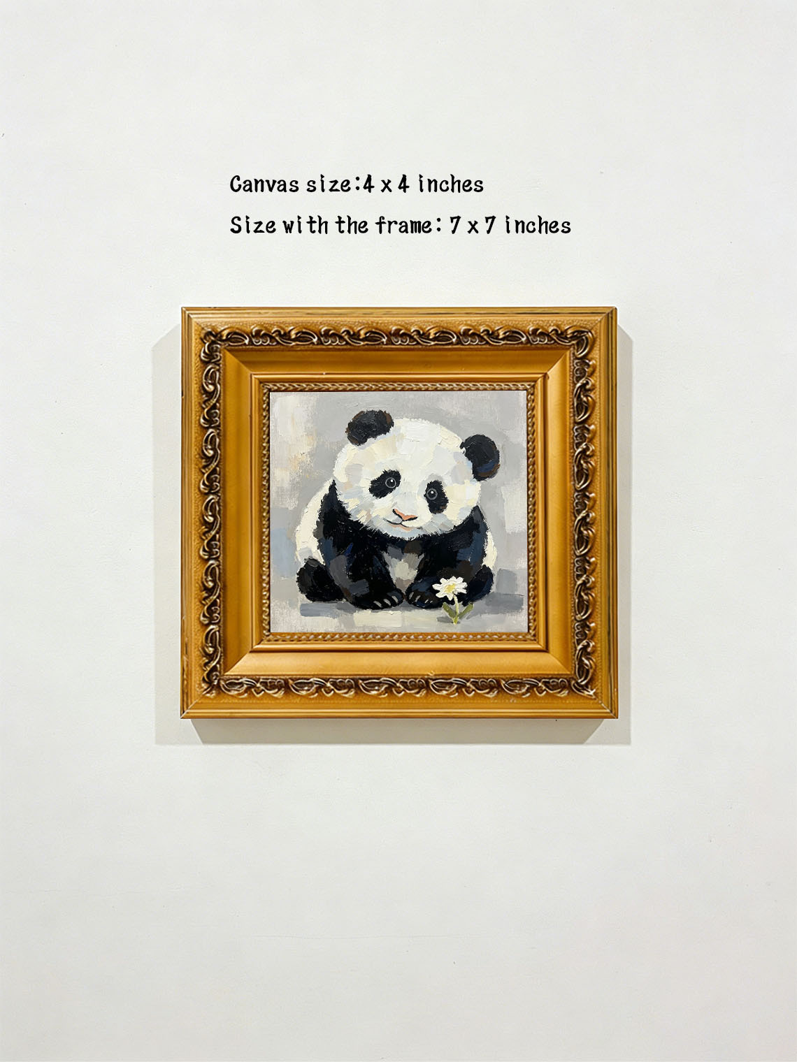 Baby Panda With White Daisy Flower Neutral Grey Background Impasto Oil Painting Custom oil painting from photo, Gift for friend，Size 4x4