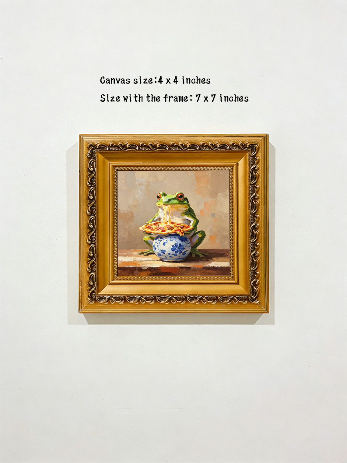 Whimsical Green Frog Eating Melted Cheese Pizza On Blue Floral Vase Oil Painting Custom oil painting from photo, Gift for friend，Size 4x4