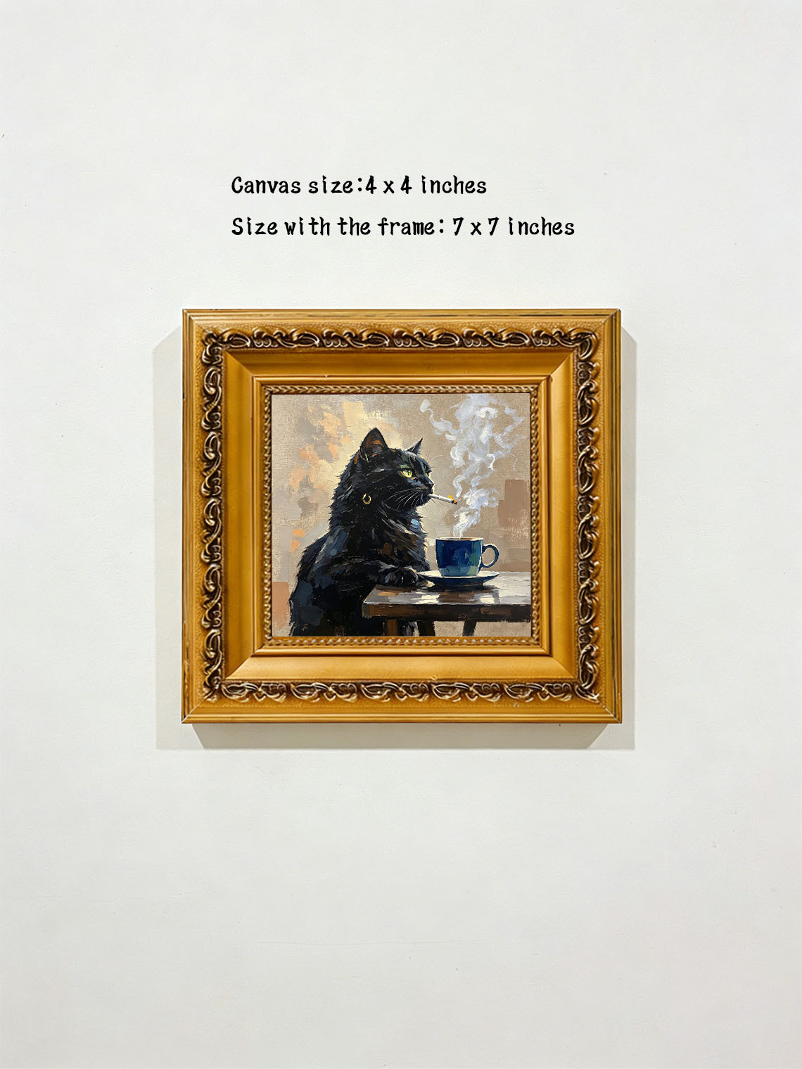 Cool Moody Black Cat With Gold Earring Beside Blue Coffee Cup On Wooden Table Custom oil painting from photo, Gift for friend，Size 4x4