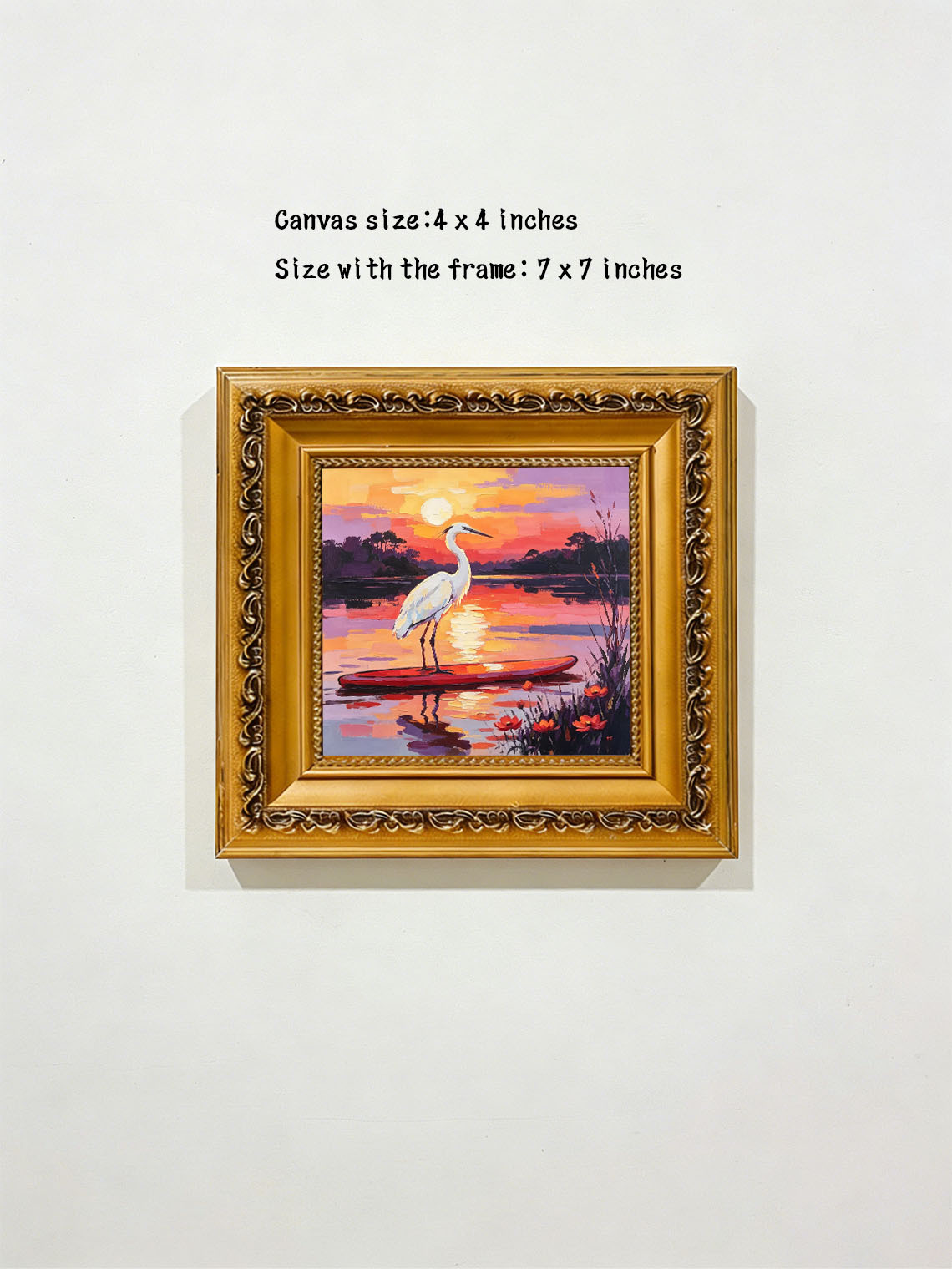 White Egret Standing on Red Paddle Board Over Lake At Vibrant Sunset Landscape Custom oil painting from photo, Gift for friend，Size 4x4