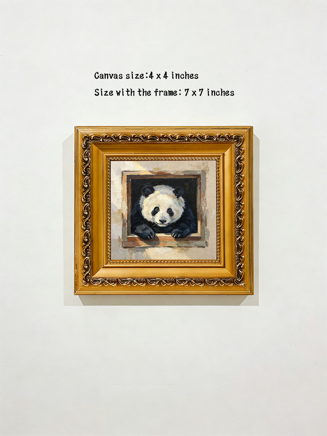 Cute Giant Panda Leaning Out From Wooden Window Box Impasto Oil Painting Custom oil painting from photo, Gift for friend，Size 4x4
