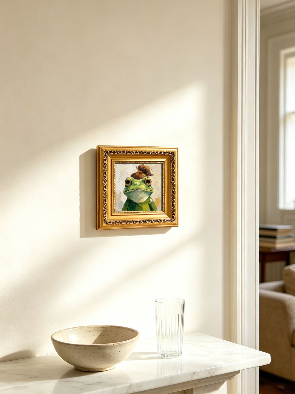 Frog With Messy Bun Hairstyle Whimsical Oil Painting Warm Beige Background  Custom oil painting from photo, Gift for friend，Size 4x4